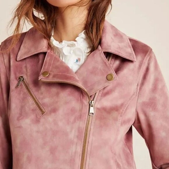 Anthropologie Moto Jacket Womens Pink Crop Micro Suede Leather Tie Dye - Picture 9 of 9